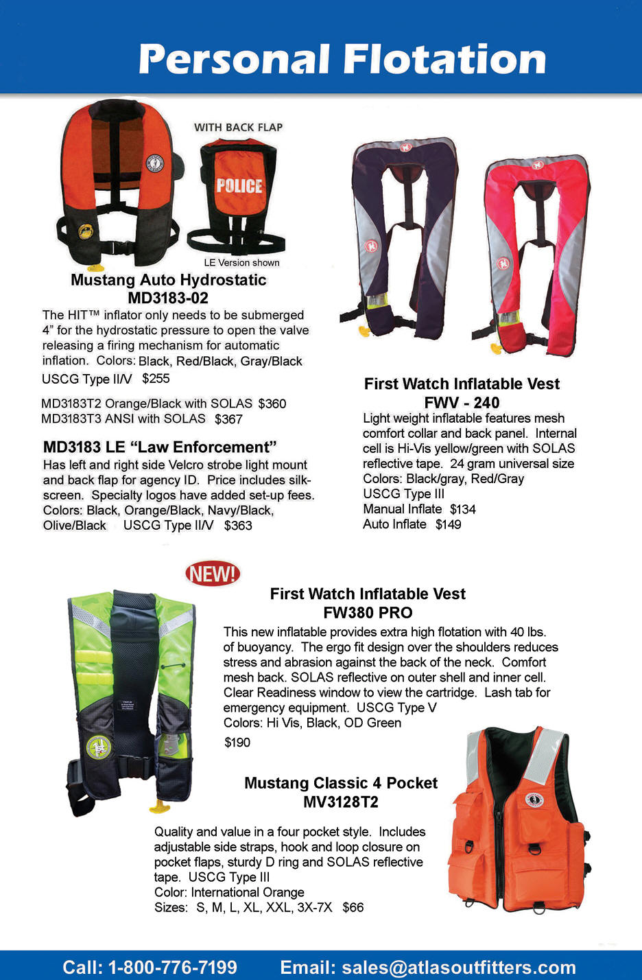 Mustang Survival hydrostatic automatic inflatable pfd, First Watch automatic inflatable pfd