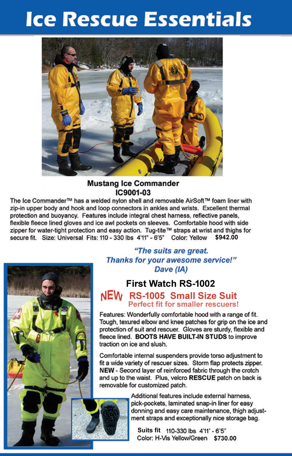 Mustang Survival and First Watch Ice rescue suits