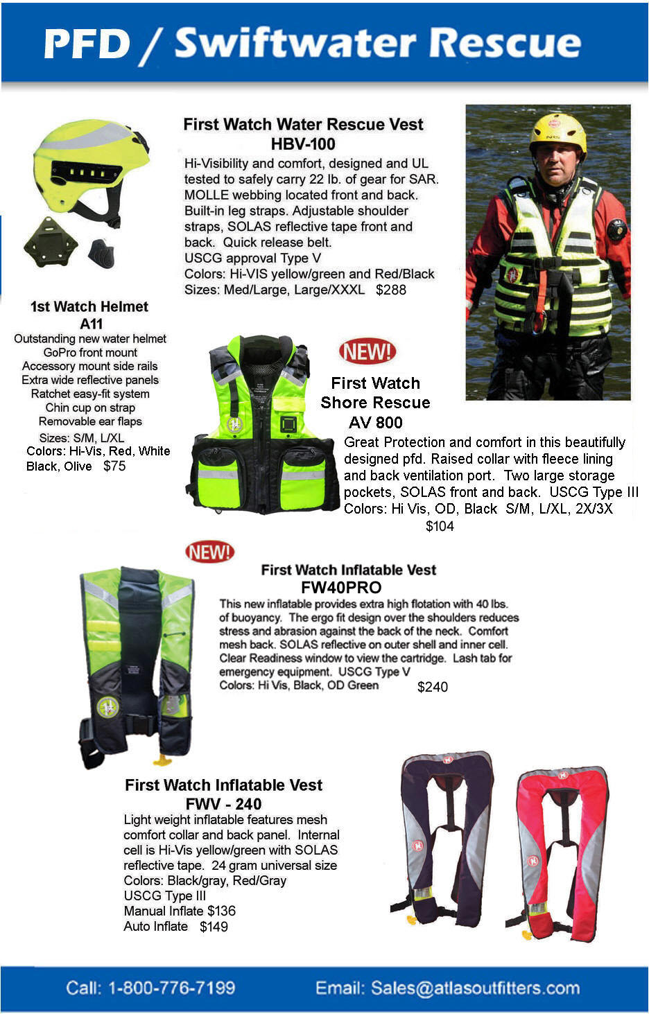 First Watch water rescue pfds, life vests, inflatables helmet