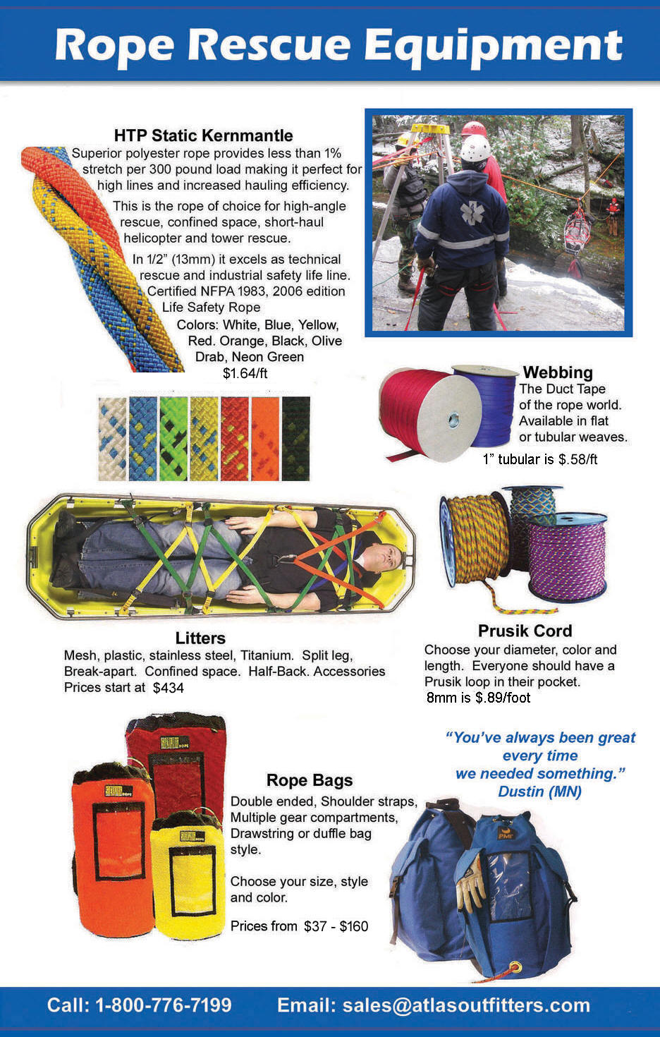 NFPA certified rescue rope, webbing, cord, bags, litters