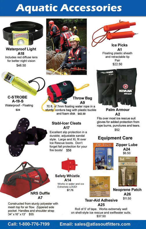 Water rescue throwbags, whistles, ice picks, ice cleats, headlights