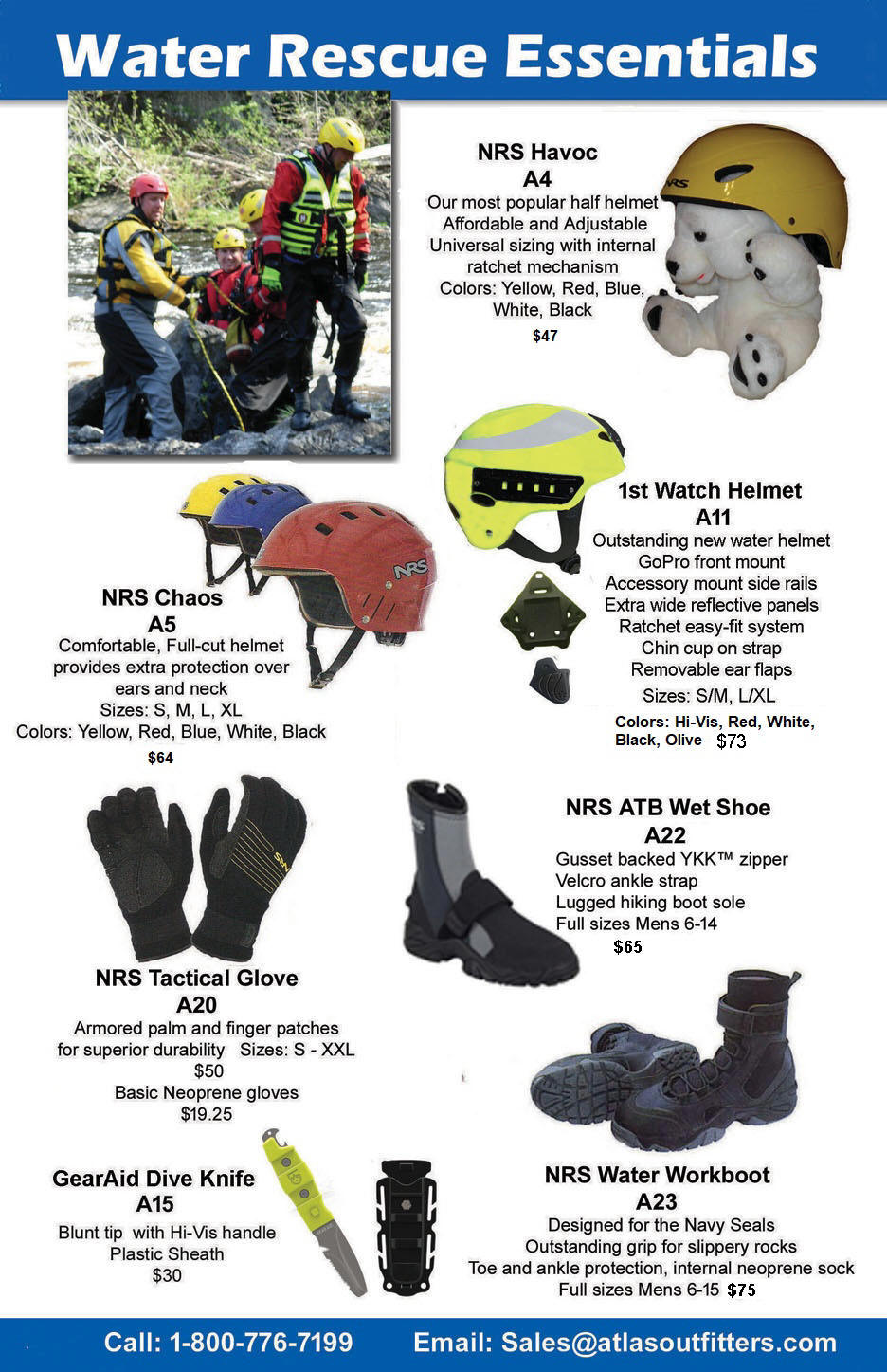 Water rescue helmets, knives, neoprene gloves